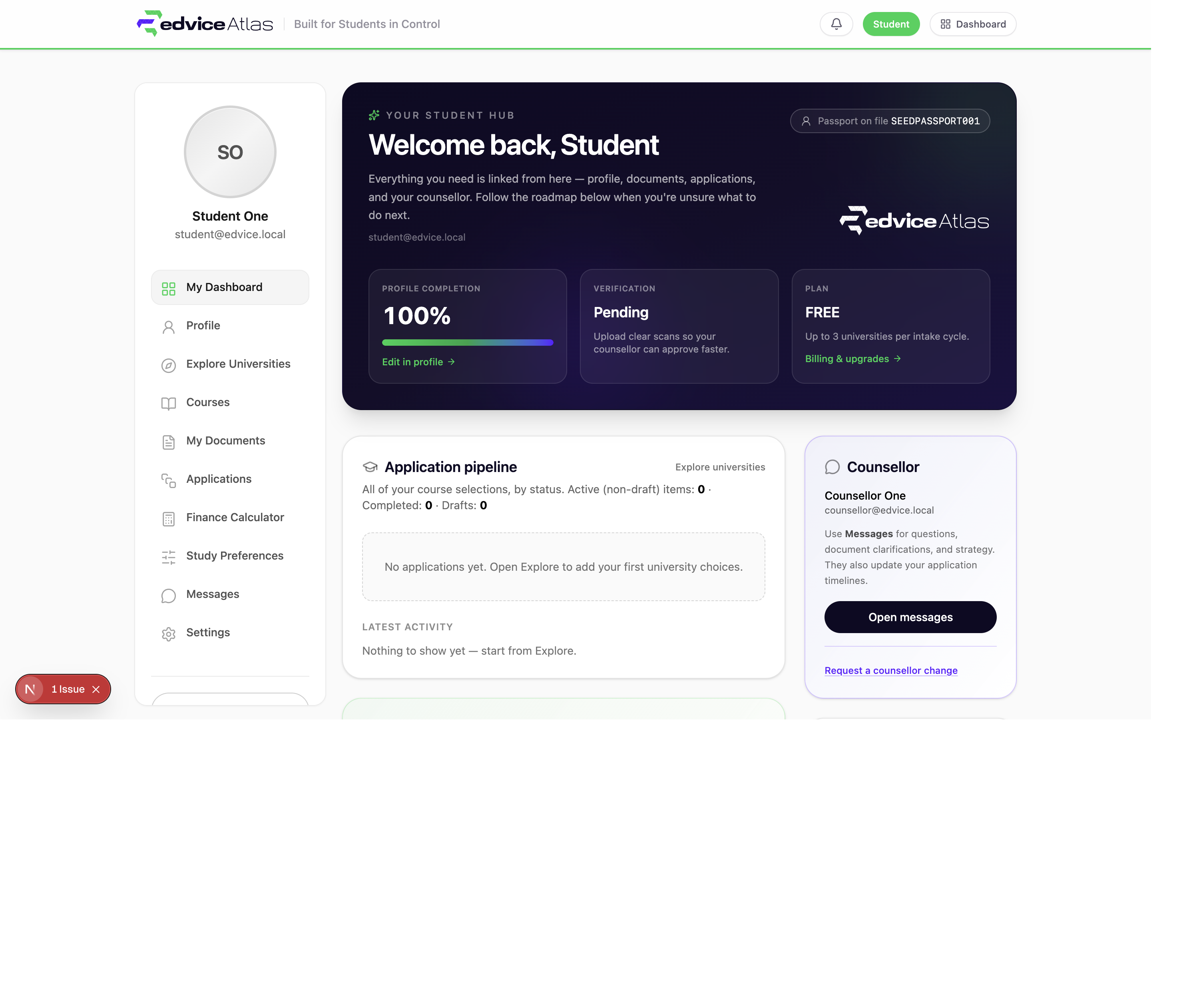 EDVICE Atlas student dashboard