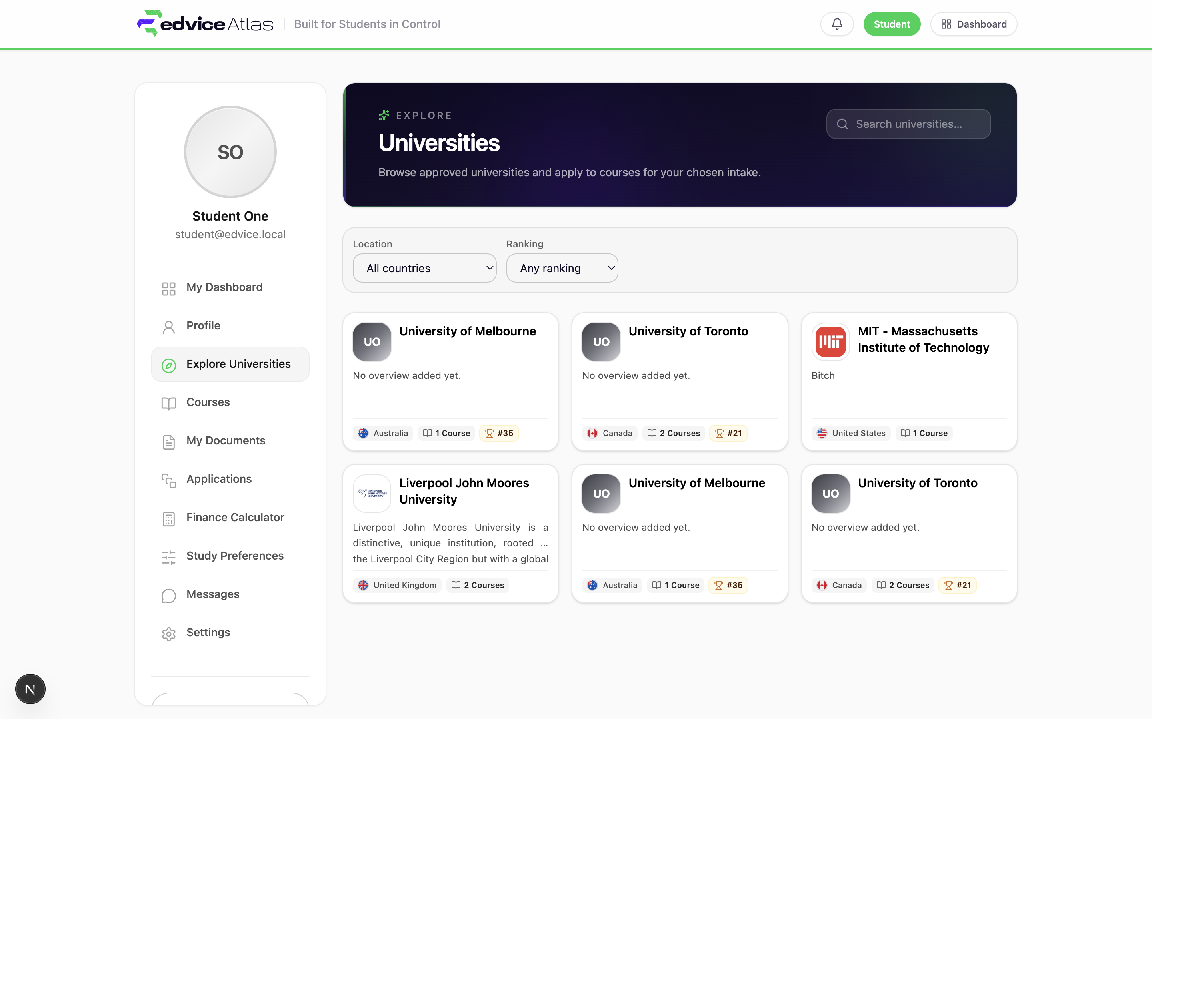University Search in EDVICE Atlas